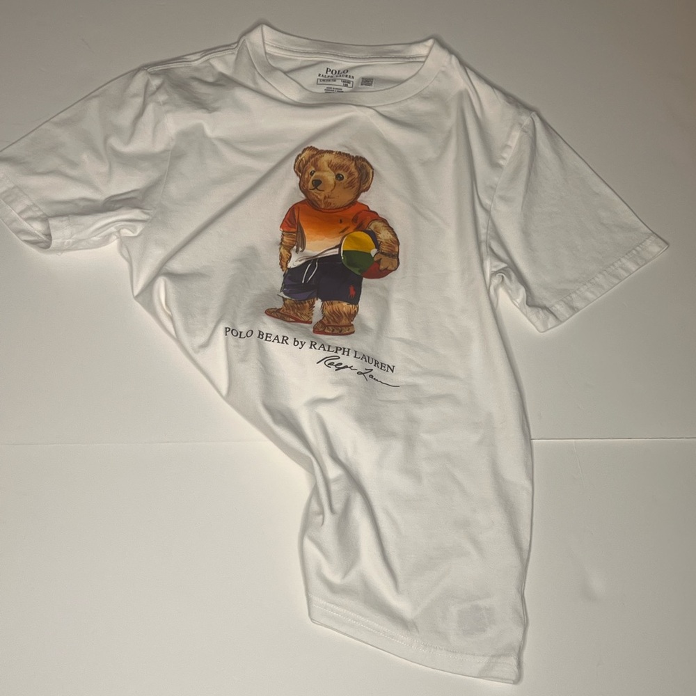 Big Boys Ralph Lauren White Tee with Polo Bear Graphic
